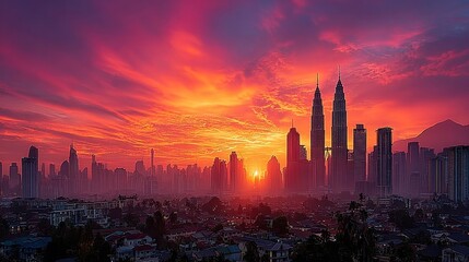 Sunset over Kuala Lumpur skyline with Petronas Towers and cityscape