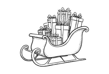 Hand-drawn sleigh with stacked gifts in black and white line art style - stock vector