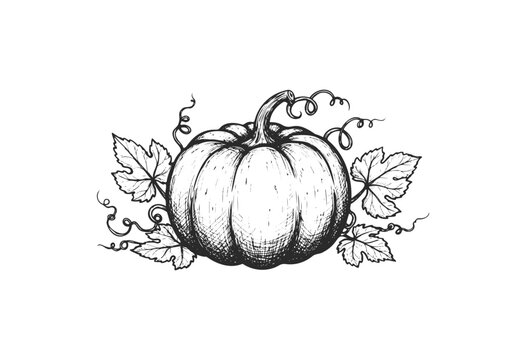 Vintage black and white pumpkin sketch with vines and leaves - stock vector