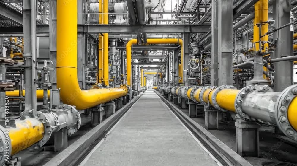 Poster pipeline network connecting multiple units within a large industrial plant highlighting yellow pipes