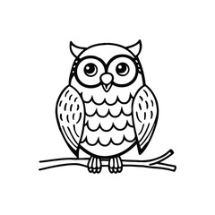 Fototapeta premium Cute cartoon owl sitting on a branch simple line drawing