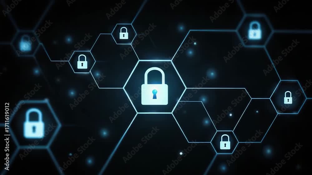Poster digital network security concept with interconnected hexagons and glowing padlocks representing data