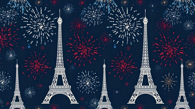 White Eiffel Towers and red white blue fireworks on a dark blue background in a repeating pattern
