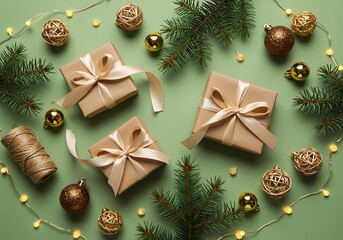 An elegant flat lay of Christmas gifts and festive decorations in a harmonious gold and green palette.