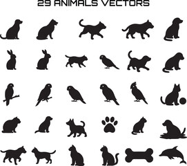 20 Pet & Animal Silhouette Vector Icons Set &mdash; Cats, Dogs, Birds, Paw Print, Bone & More &mdash; Flat Black Pet Icons for Logos, Veterinary, Pet Shops, Web, App, UI & Print