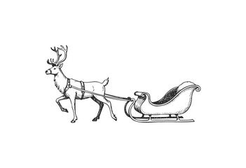 Reindeer pulling sleigh: vintage black and white illustration of traditional christmas scene - stock vector