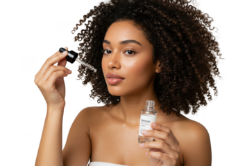 Woman holding serum bottle and dropper on transparent background