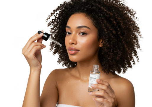 Woman holding serum bottle and dropper on transparent background