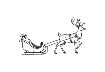 Reindeer pulling santa's sleigh with gifts in classic black and white sketch - stock vector