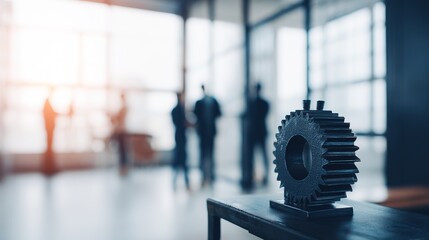 Fototapeta premium A cogwheel on a modern desk symbolizes teamwork in a corporate office with professionals in the background.