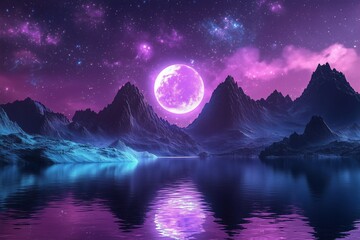 Surreal moon over mountains reflecting in glowing night lake sky scene
