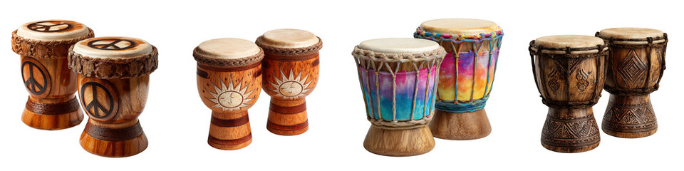 Colorful handcrafted drums wooden musical instruments on transparent background
