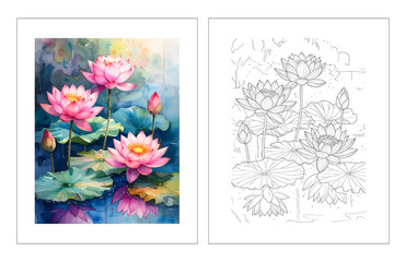 Water Lily lotus Flowers in Pond – Botanical Copy Coloring Illustration