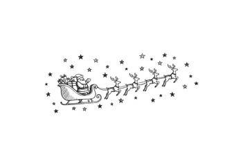 Santa in sleigh with reindeer and stars black and white drawing - stock vector