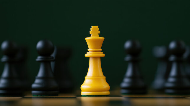 Yellow chess king piece stands prominently on chessboard surrounded by black pawn pieces, symbolizing strategy and leadership