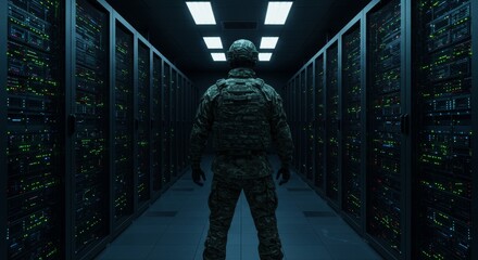 Camouflaged soldier in a dark server room ensuring cyber defense security