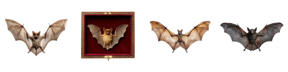 realistic mounted bat specimens four types in display case on transparent background