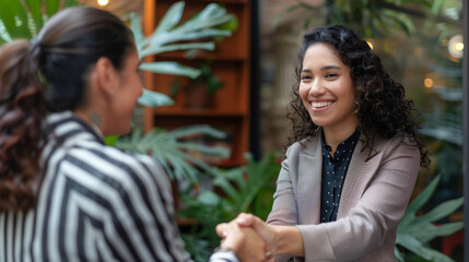 Smiling Latina woman shaking hands with female client or colleague. Smiling Hispanic businesswoman shaking hands with female client or colleague, symbolizing conclusion of successful discussion, begin