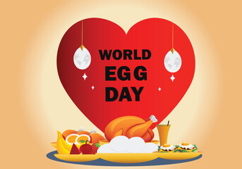 Celebrating world egg day concept Vector. Egg Nutrition, Freshness, and Global Food Appreciation. Egg shape light bulb, tag, vegetables, foods, fruits graphics elements template design.