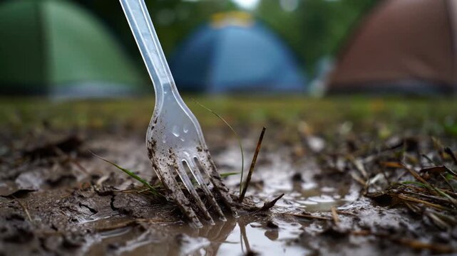 Plastic Fork Stuck in Muddy Campsite Ground After Rain Illustrates Environmental Pollution and Disposable Waste at Outdoor Events