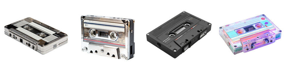 Obraz premium Vintage cassette tapes realistic collection for music lovers on transparent background