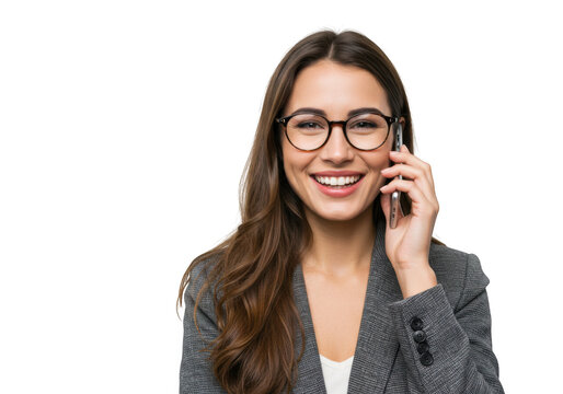 Smiling woman speaking on mobile phone on transparent background