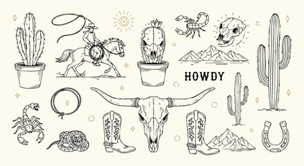 Rustic western theme with cowboy riding horse, skull, cactus, boots, and desert icons