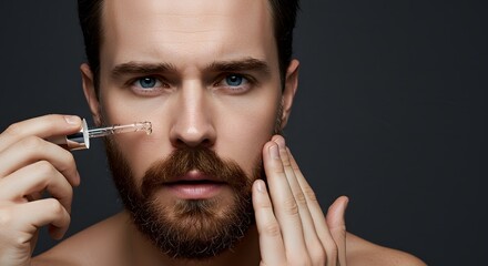 Obraz premium Focused Skincare Routine, Bearded Man with Dropper, Intense Grooming Close-Up, Serum Application Portrait, Modern Male Self-Care
