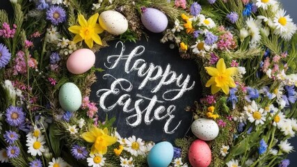 Happy Easter greeting wreath with vibrant flowers and pastel eggs arranged beautifully for festive celebrations - Powered by Adobe