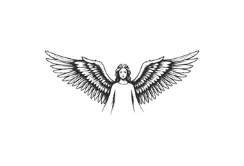 Fototapeta premium Black and white illustration of female angel with outstretched wings - stock vector