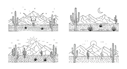 Explore vintage desert landscapes with cactus and mountains in minimalist line art