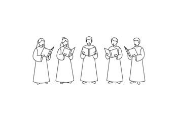 Line drawing of five choir members singing in robes - stock vector
