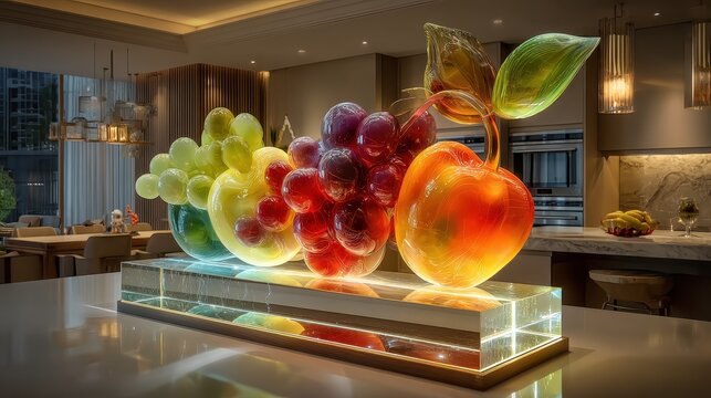 Vibrant glass fruit sculpture illuminates modern kitchen countertop, adding a touch of artful elegance and luxury to home decor