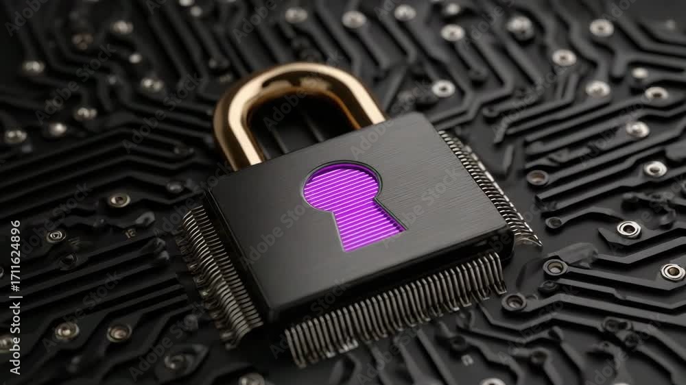 Poster a digital padlock on a circuit board symbolizes cybersecurity and data protection in the modern tech