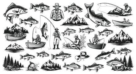 Classic fishing adventures in nature with majestic mountains and leaping fish elements © Elsa