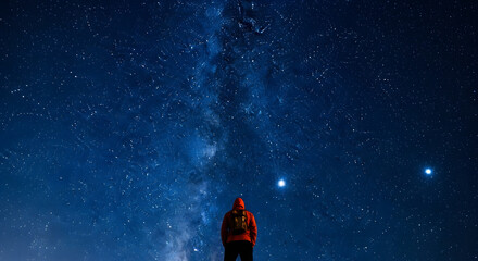Obraz premium A lone adventurer in a red jacket stands in awe under a breathtaking starry night sky, gazing at the Milky Way galaxy