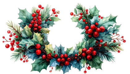 Detailed Christmas wreath with holly and berries