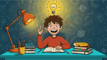Cartoon Style Teen Boy Getting an Idea While Studying