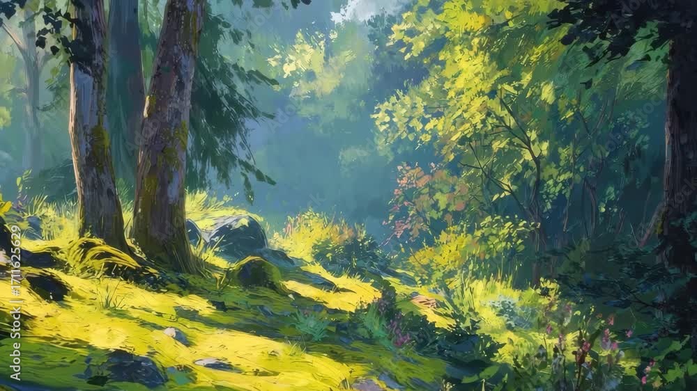 Poster sunlit forest showcasing vibrant greenery with dappled light filtering through tall trees and illumi