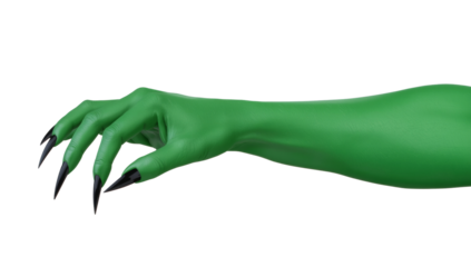 Menacing emerald hand with sinister claws isolated against a transparent setting