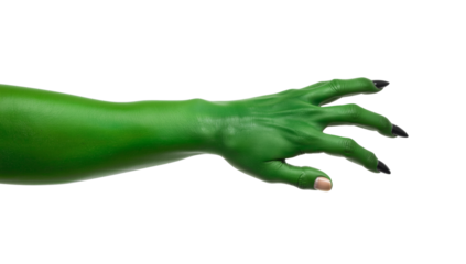 Isolated uncanny green hand with extended claw-like nails reaching out on transparent background