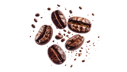 Coffee beans in mid-air, scattered and impactful