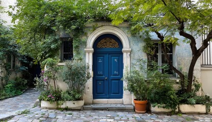 Parisian courtyard house with vibrant blue door