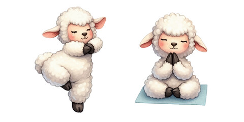 Sheep, yoga, watercolor style, isolated on white background, perfect for children's prints, cards and nursery decor.