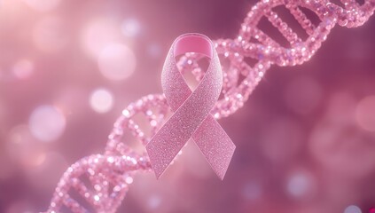 Pink ribbon with sparkling crystals symbolizing breast cancer awareness and genetic research in a soft pink background