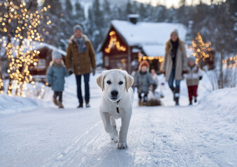 Adorable Labrador Puppy Walking on Snow with Family in Winter Holiday Scene
