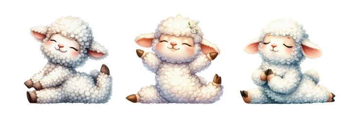 Sheep, yoga, watercolor style, isolated on white background, perfect for children's prints, cards and nursery decor.