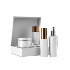 White cosmetic set in a gift box.  Luxury skincare products in a minimalist design.  Three bottles and a jar, arranged neatly in a white box.  Rose gold accents.  3D render