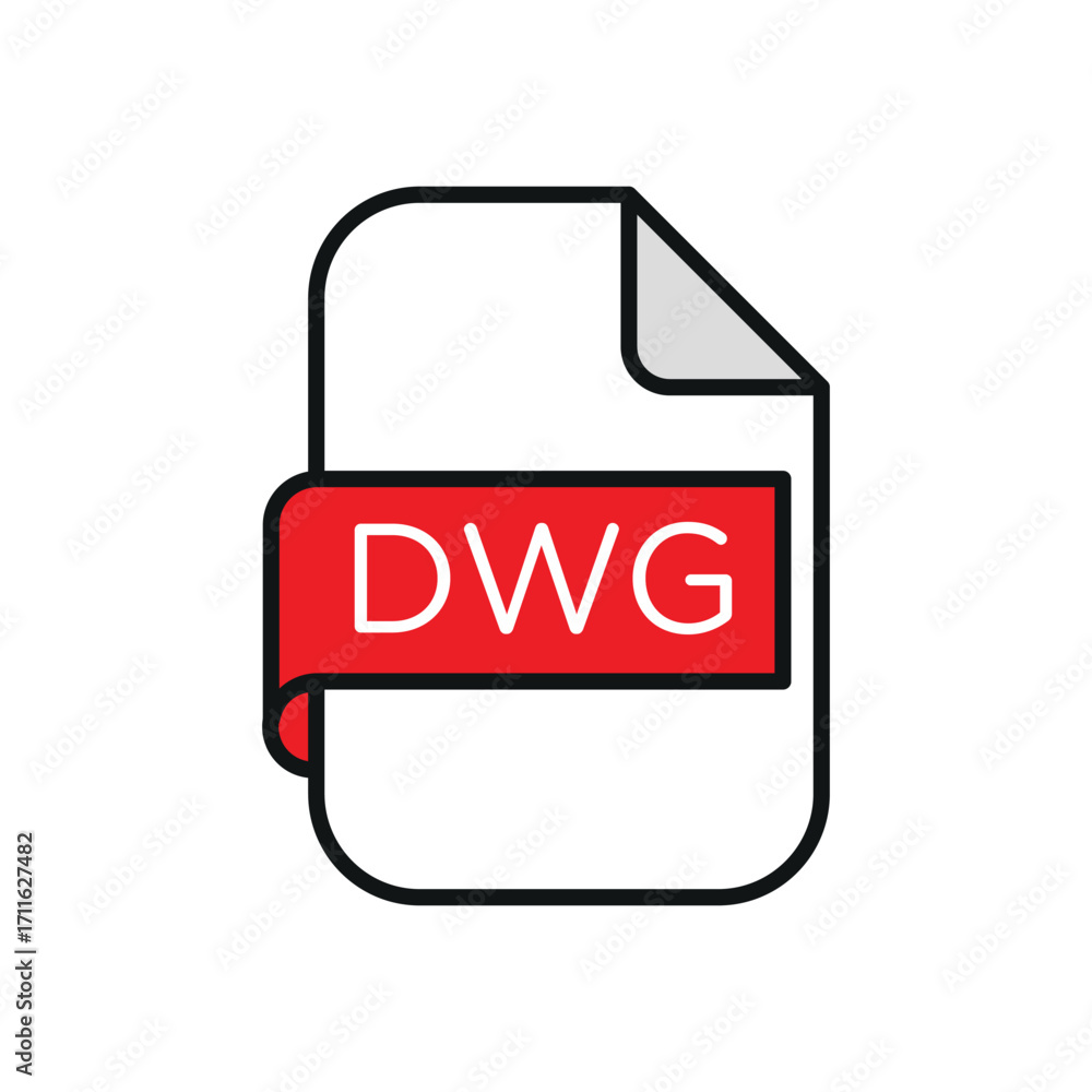 Aufkleber illustration of a dwg file icon with a red label and a curled corner on a white background format