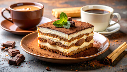 Delicious tiramisu dessert with coffee, chocolate, and cinnamon sticks.